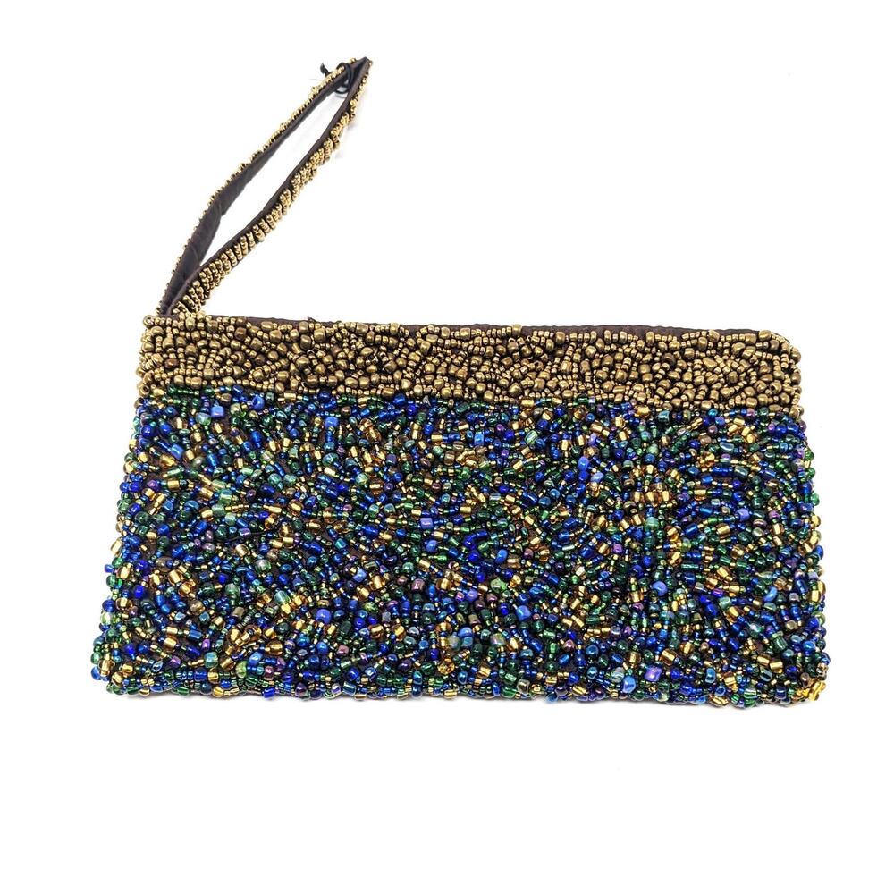 Pinkhouse Womens Bag Beaded Clutch Wristlet Indonesia Blue Green Gold Handmade - Picture 3 of 6